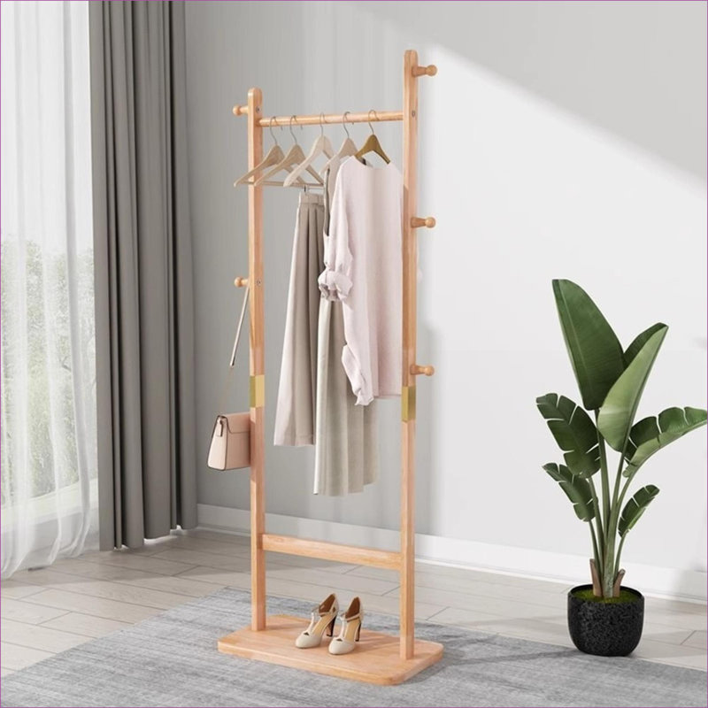  Solid Rubber Wood Free Standing Coat Rack Set, Warm Beige Natural Wood Wash, Space Saving Entryway Coat Hanger Stand