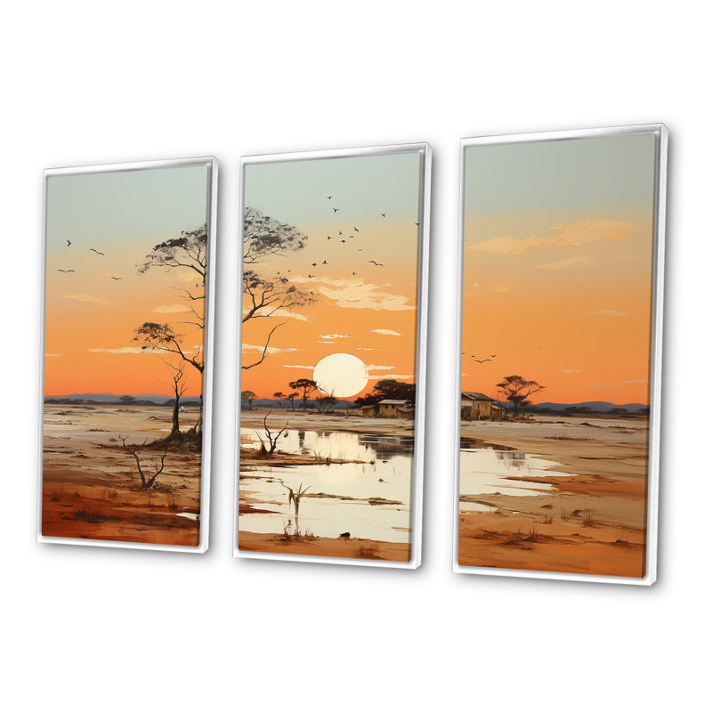 Paysage africain, coucher de soleil I - ensemble d'art mural sur toile Afrique, Cadre flottant blanc