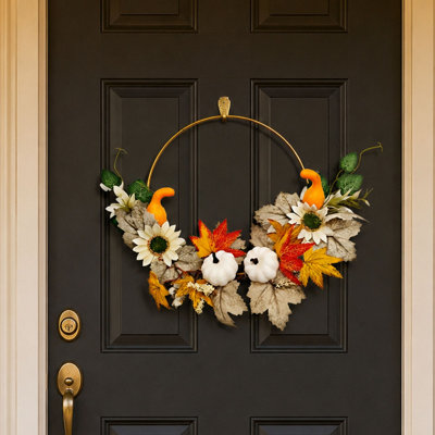 Fall Artificial Sunflower Pumpkin Wreath Door Wreath With Maple Leaves For Thanksgiving Decor