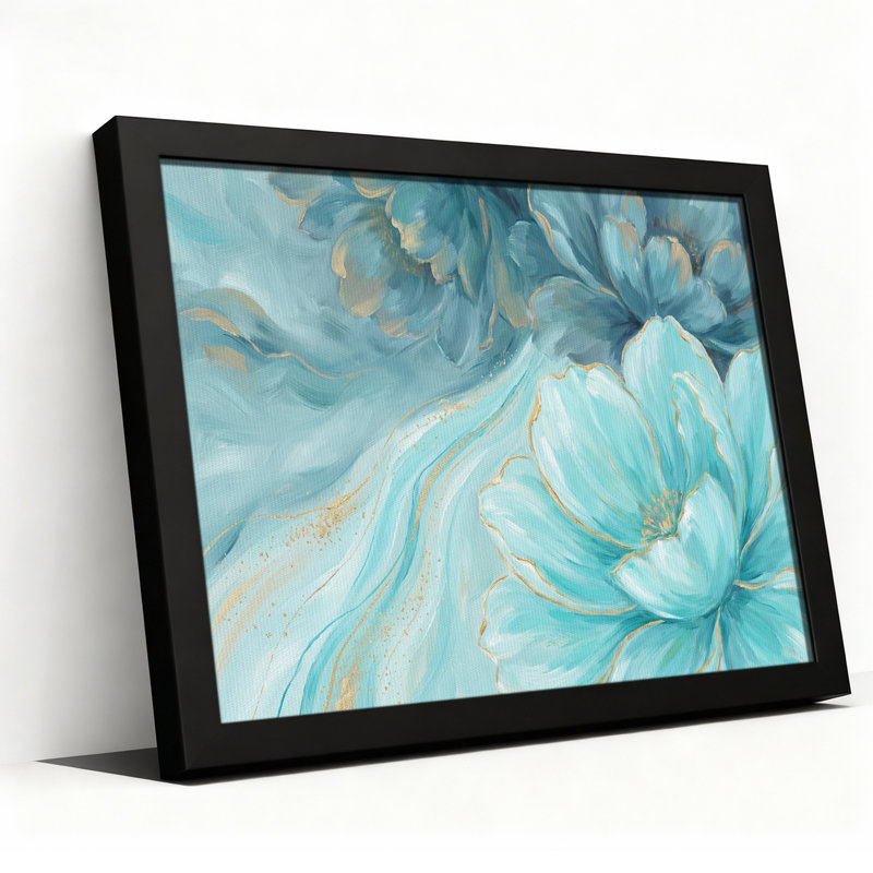 Tableau floral turquoise abstrait avec des accents dorés, 12"H x 18"W