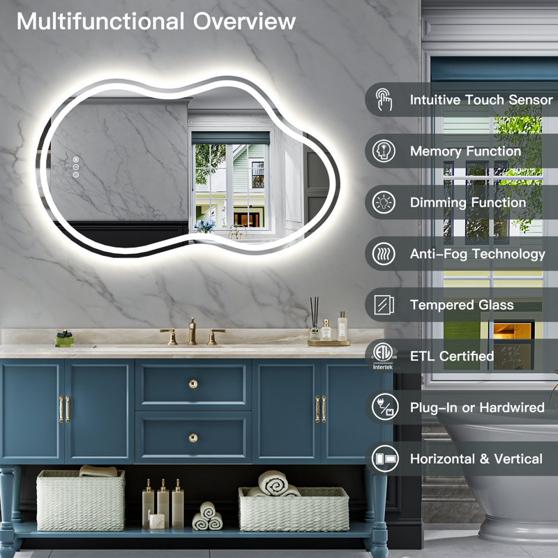 Bathroom Cloud Shape LED Mirror with Backlit, Anti Fog Lighted Vanity Mirror with Stepless Dimmable, ETL Listed, IP54 Waterproof, CRI90+, HD Tempered Glass
