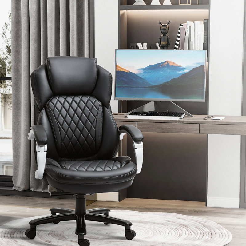 Fauteuil de bureau en noir pour grand et grand, avec hauteur réglable, siège pivotant à haut dossier pivotant et coutures en losange, noir, 360 °