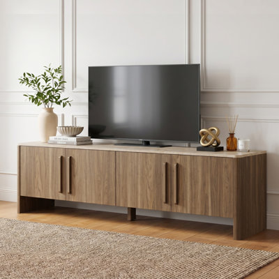 Bramwell 4-Door 70.9"W TV Stand with Travertine Stone-Look Tabletop, Modern Wooden Entertainment Center for TVs up to 80"