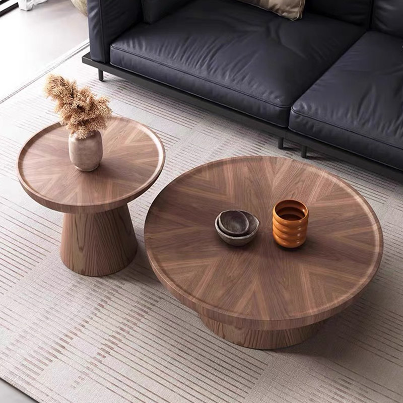 Round Nesting Coffee Table Set of 2, Cocktail Tables with Radial Wood Grain and Sturdy Pedestal Base, No Assembly Needed