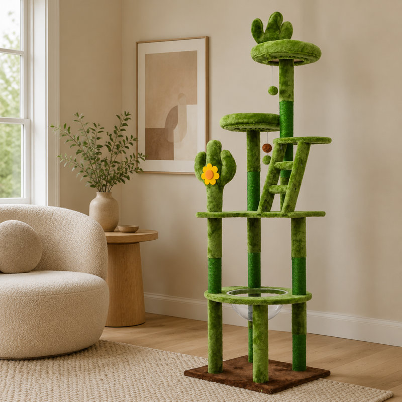 Tour pour arbre à chat 72 po Cactus - Centre d'activité pour chat à niveaux multiples avec capsule spatiale et poteaux en sisal, vert