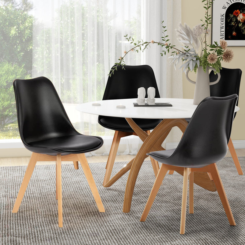 Modern Dining Chairs Set Of 4, Mid Century Kitchen Chairs With PU Leather Cushion & Wood Legs For Indoor Outdoor Use, Black