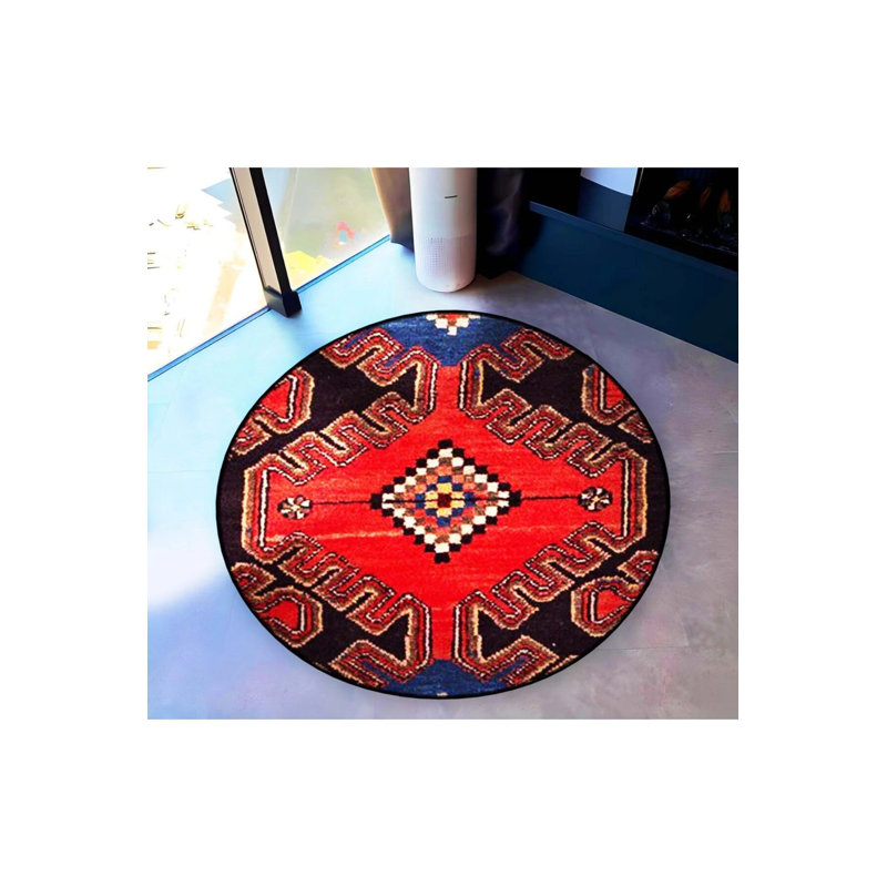 Navy Blue And Red Themed Traditional Motif Patterned Round Woven Base Vintage Decorative Carpet, Round 2'8"