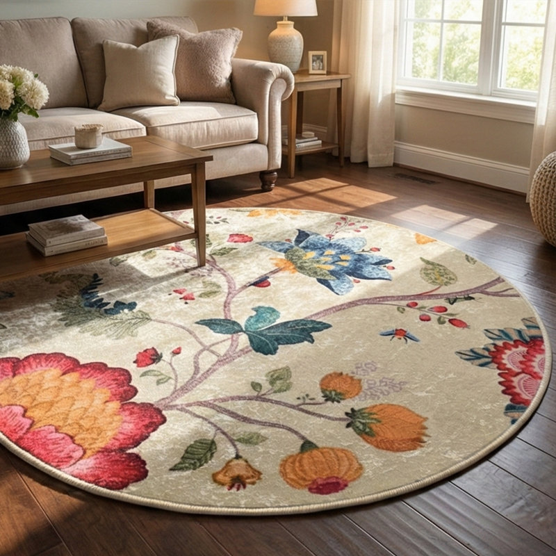 Tapis floral rétro antidérapant Botanical Bloom, Rond 4 pi 7,1 po x 4 pi 7,1 po