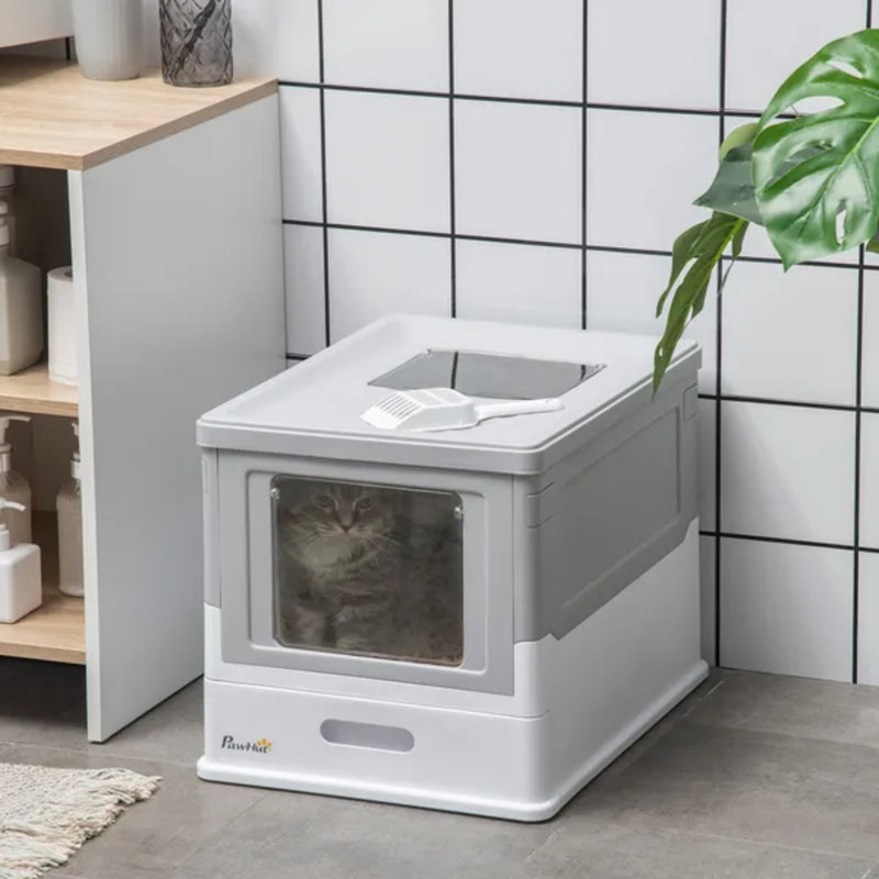 Gray Fully Enclosed Cat Litter Box with Front Entry & Top Exit