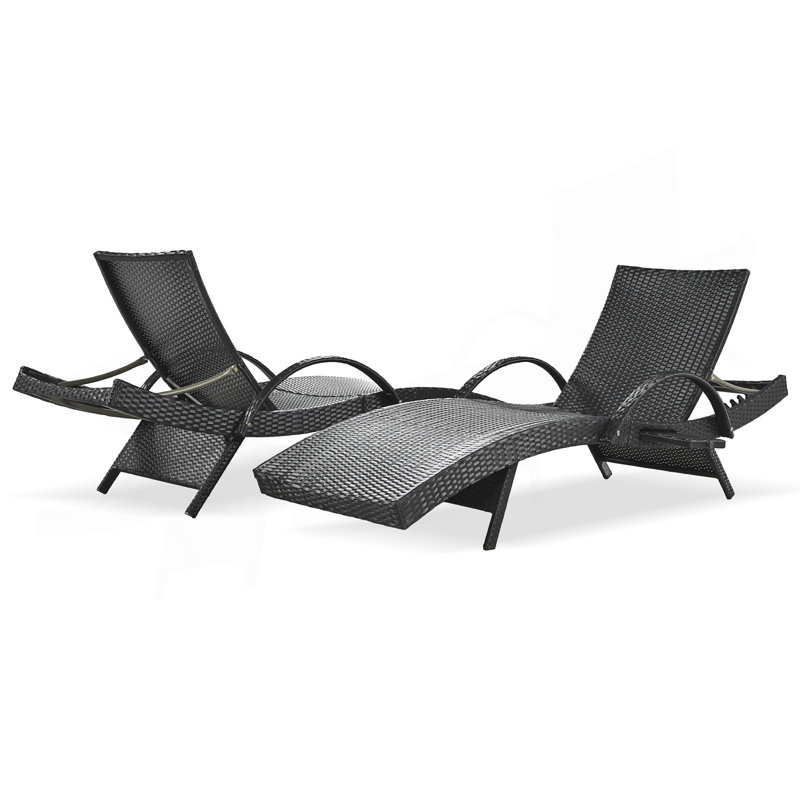 80'' Outdoor Wicker Chaise Lounge Chairs Set Of 2, Patio Rattan Reclining Chair Pull-Out Side Table W/ 5-Level Adjustable Backrest Ergonomic Wave Design Pool Sunbathing Recliners