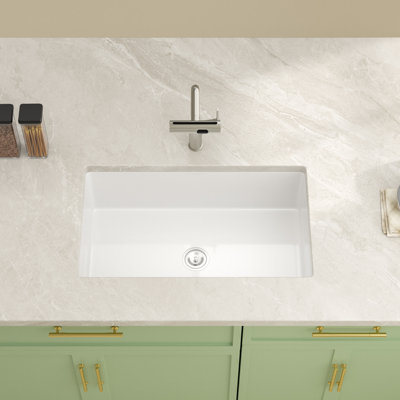 32" L x 19" W Undermount Kitchen Sink, Dual-Mount Single Bowl Fireclay Sink with Bottom Grid and Basket Strainer