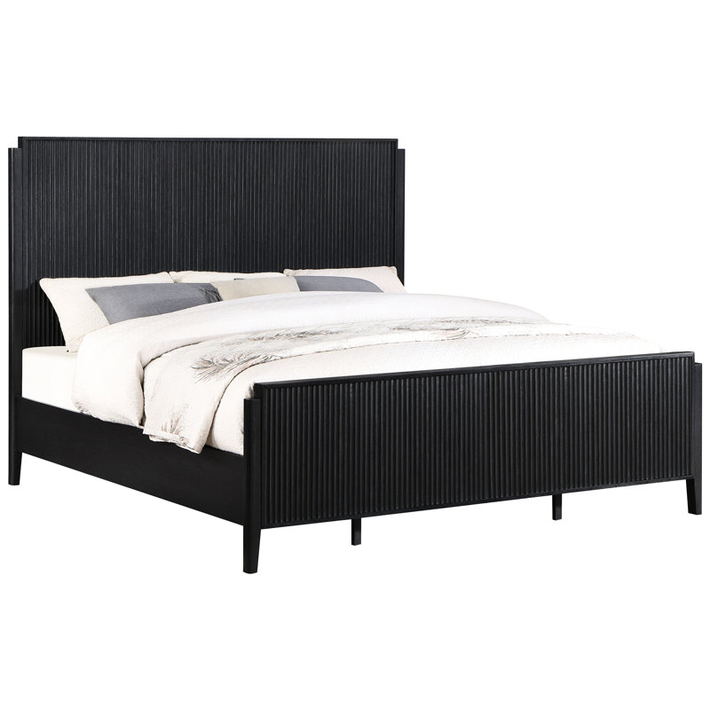 Lit Mason noir très grand, lit en bois moderne avec tête de lit carrée, textures cannelées et structure stable dans la finition, le design, le cadre, le style, les pieds de support ronds