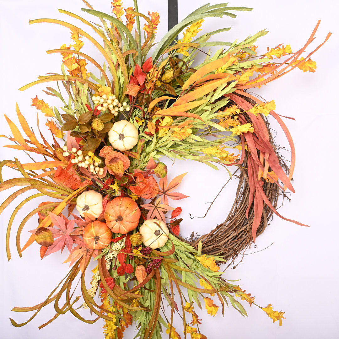 26" Faux Fall Thanksgiving Day Pumpkin Berry Front Door Wreath Primrue