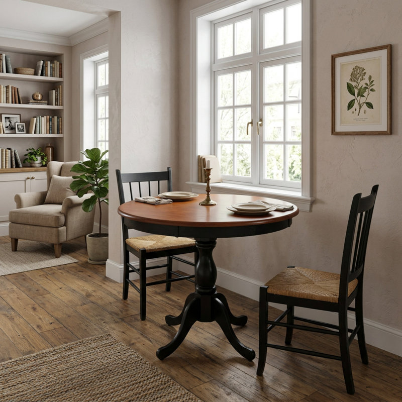 Ensemble de salle à manger 3 pièces en bois dur asiatique cerisier noir, revêtement en lin et tissu, avec table ronde sur pied et chaises rembourrées à dossier à lattes pour 2 personnes.