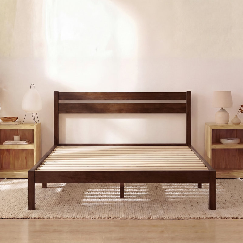 Solid Wood Classic Platform Bed with Headboard, Queen, Walnut Finish, No Box Spring Needed, Easy Assembly, Walnut, Queen