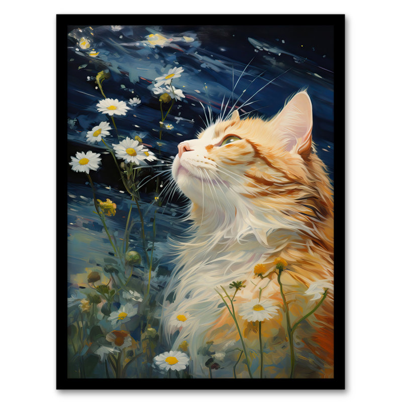 Moonlit Cat In Daisy Meadow Norwegian Forest Cat - Single Picture Frame Print