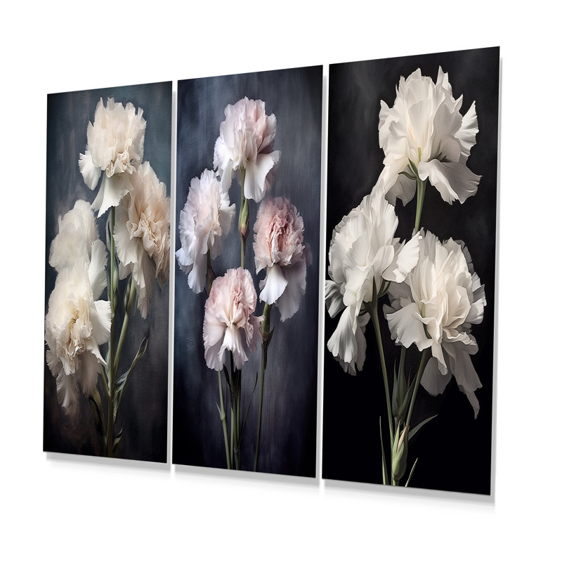 Black White Carnation Shades Of Dark - Carnations Metal Wall Art Prints Set Of 3, 28" H x 36" W
