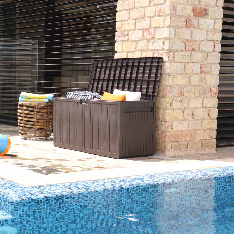 Coffre de terrasse verrouillable en plastique avec roues Ram Quality Products, Brun, 284 pte