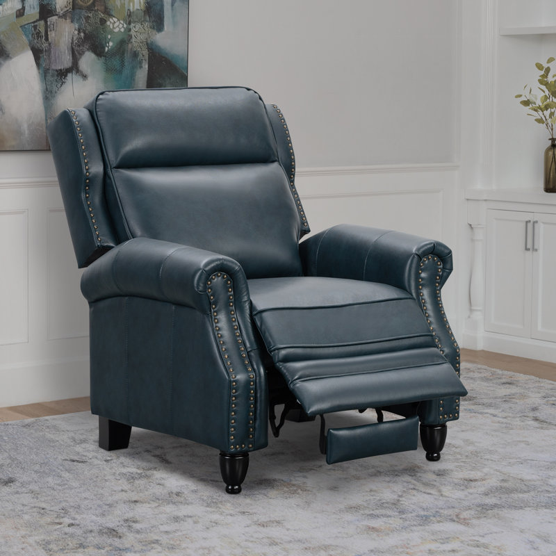 Arrin Recliner, Blue Genuine Leather