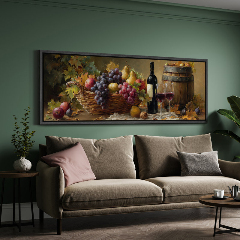 Rustic Harvest Fruit Basket with Grapes Pears Wine Bottle and Barrel Still Life - Large encadrée, reproduction d'art sur toile encadrée