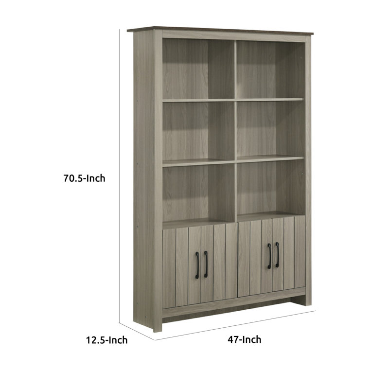 Nena Bookcase With 6 Shelves And 4 Cabinet Doors, Gray Wood 71 Inch