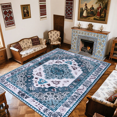 8x10 Rug, Washable Low Pile Area Rugs for Living Room, Grey and Blue Boho Carpet for Dining Room Bedroom, Performance Rug for High Traffic Area, Vintage Area Rugs Home Decor Use, Non Slip