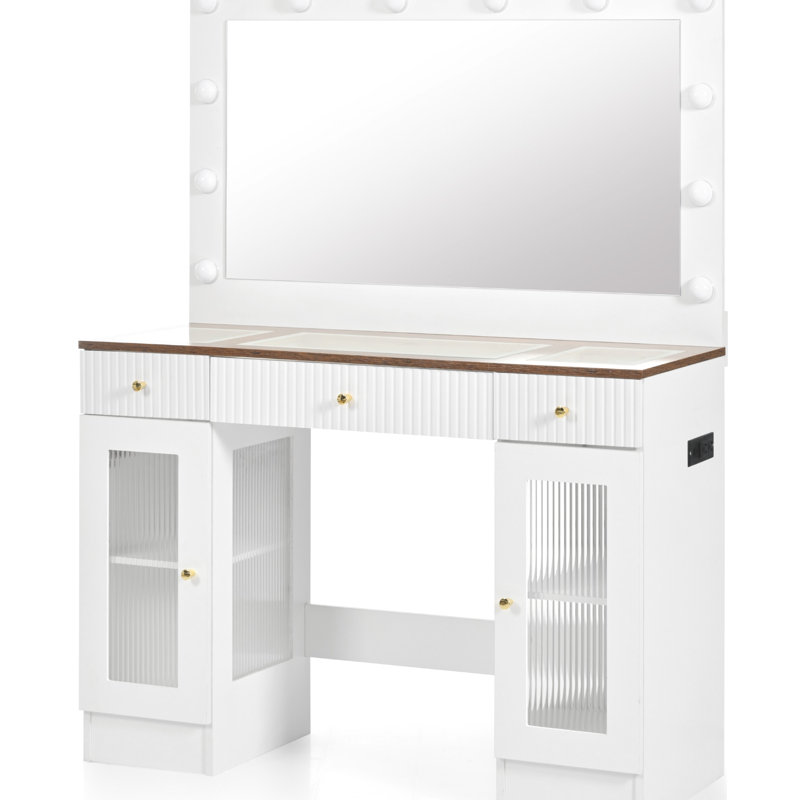 Meuble-lavabo de 43,3 po avec 3 modes d'éclairage et une prise de courant, tiroirs de table de maquillage modernes en verre trempé pour la couleur de la chambre à coucher, rangement