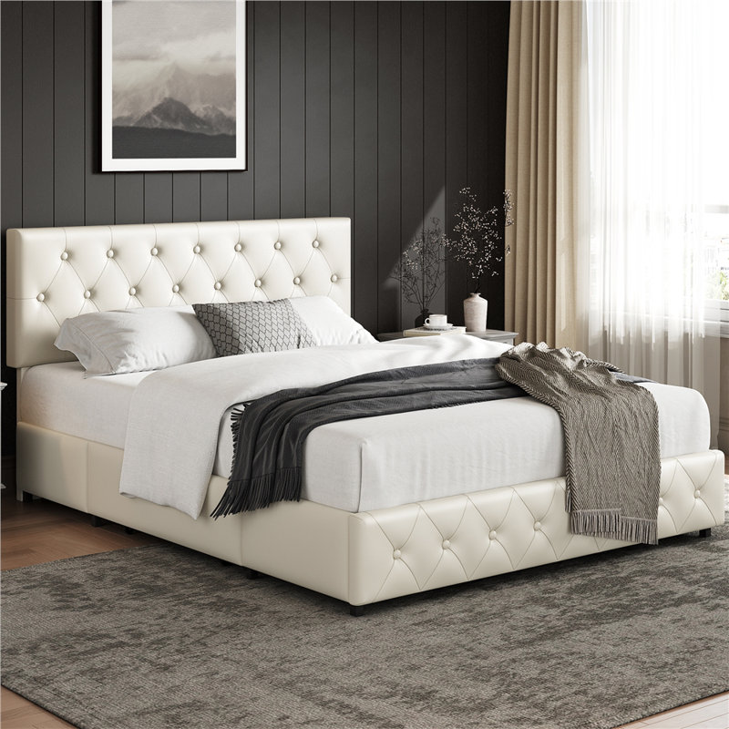 Structure de lit tapissier avec rangement et tête de lit Sorel Vegan, Grand, Beige
