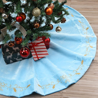 Blue Luxury Velvet Christmas Tree Skirt with Gold Embroidered Holly Leaves – Plush Elegant Holiday Tree Base Decor