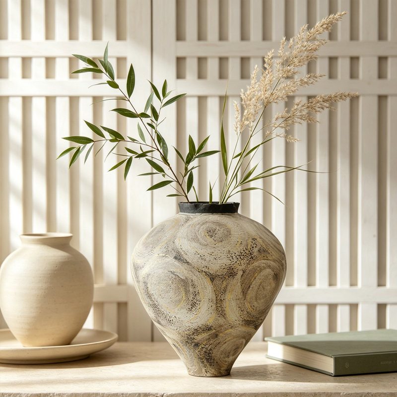 Vase de table beige en céramique Wabi-Sabi