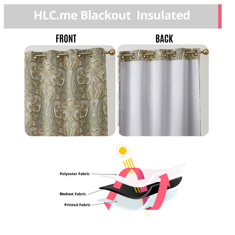 Annabel Paisley Room Darkening Thermal Grommet Curtain Panels Set for Living Room, Yellow/Green, 50" W x 72" L