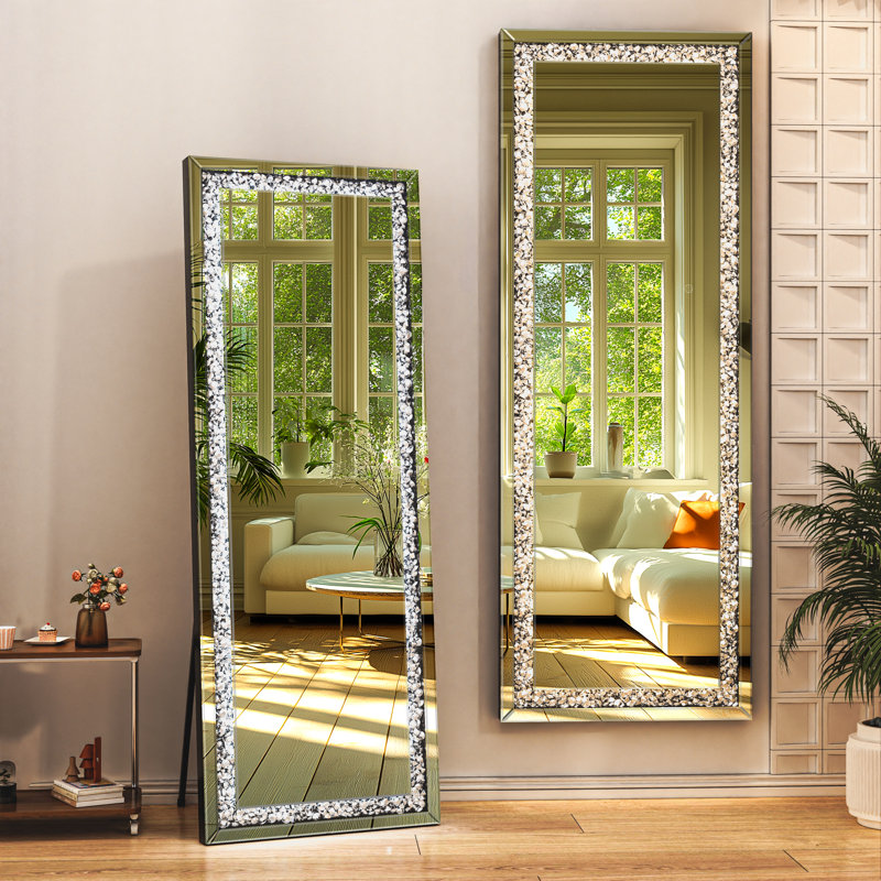 Ivy Bronx Full-Length Mirror with Lights and Crystal Crush Diamond, Wall Mounted Hanging Diamond Mirror Leaning for Living Room Bedroom with 3-Year Warranty