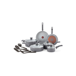 T-fal Initiatives Ceramic Nonstick Cookware Set 14 Piece Oven Safe 350F  Pots and Pans Gold