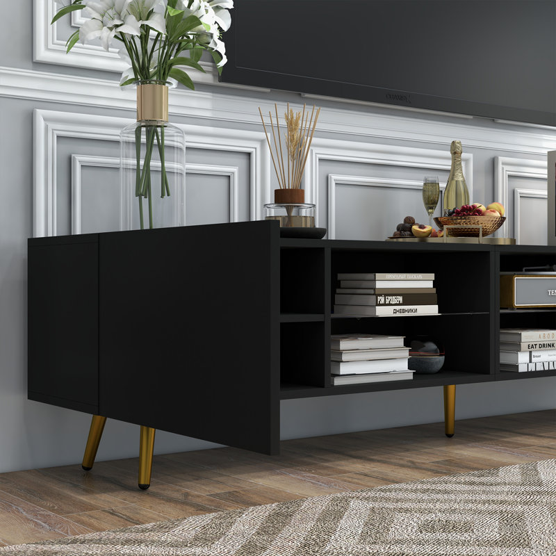 Digno 86.6" TV Stand with LED, and Cabinet Storage, Black