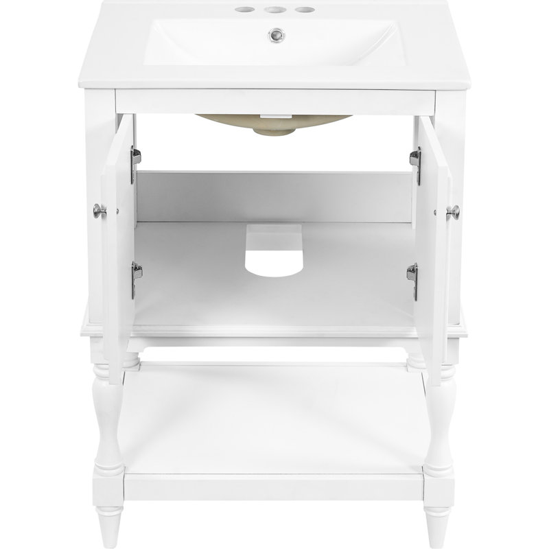 Meuble-lavabo de luxe moderne de 24 pouces avec lavabo en céramique, sculptures ornées sur les pieds, double rangement pour des options polyvalentes de style rétro ultrabrillant, fonction de déversement, solutions intelligentes