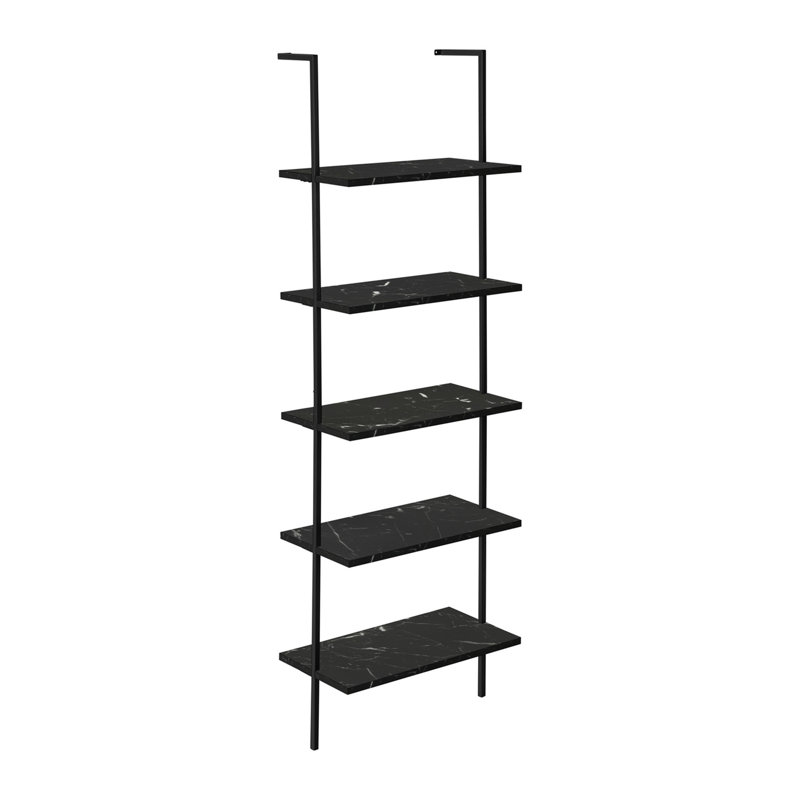 Bookshelf, Bookcase, Etagere, Ladder 5 Tier, 72"H, Office, Bedroom, Metal, Marble Look, Black/White