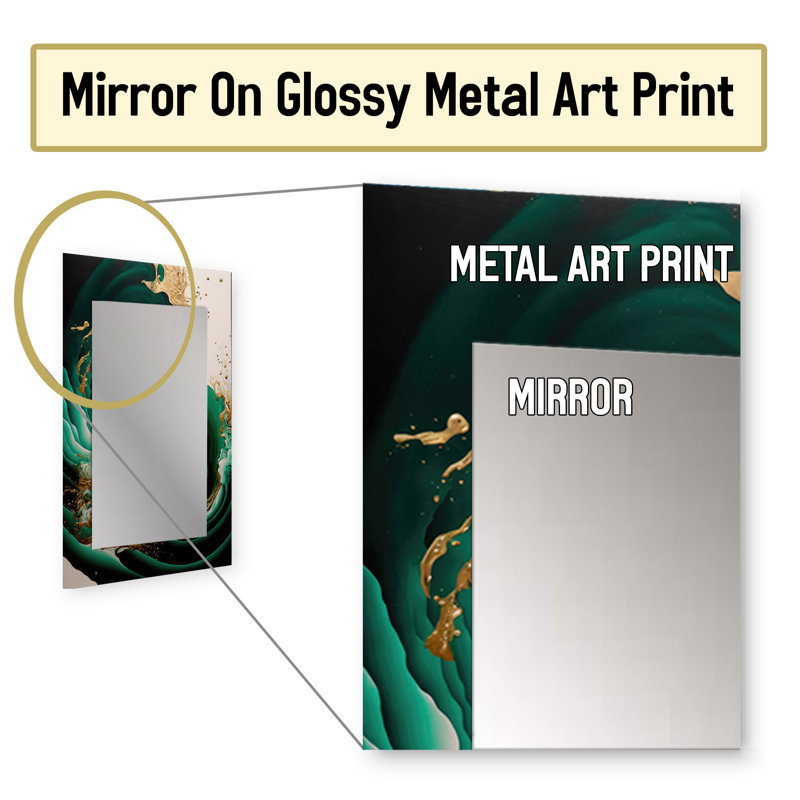 Emerald Green And Gold Abstract Waves IV - Abstract Spirals Large Mirror, Green Decorative Wall Mirror, Printed Metal Art