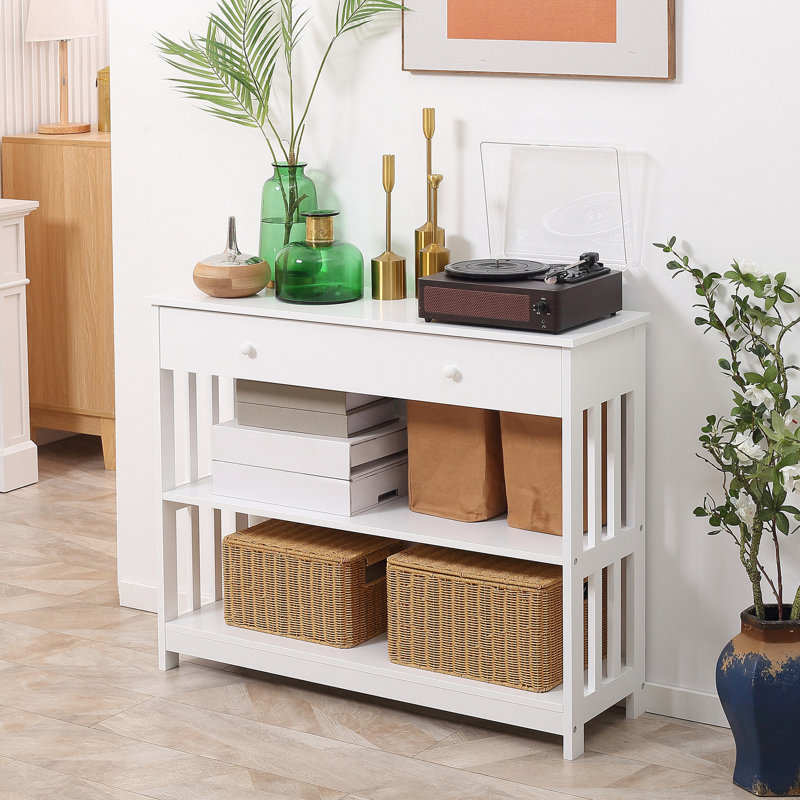 Console de couloir blanche, tiroir extra large et 2 tablettes, structure en lattes de bois à des fins décoratives, console de rangement supplémentaire avec large blanc, chic moderne