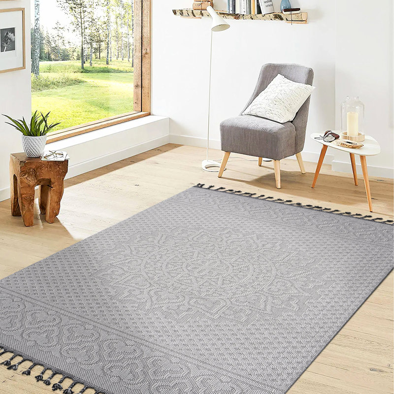 Tapis blanc / médaillon à la mode 5X7 - Teint, sans perte de poils et approuvé par les animaux domestiques