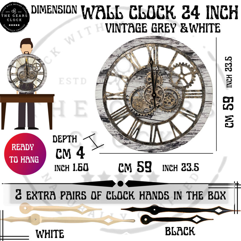 Solid Wood Wall Clock, Grey/White