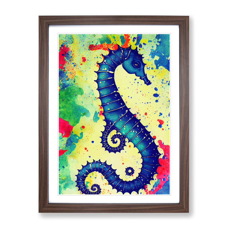 Seahorse Splash No.1 - Single Picture Frame Painting, Brown Framed, 64cm H x 46cm W x 2cm D