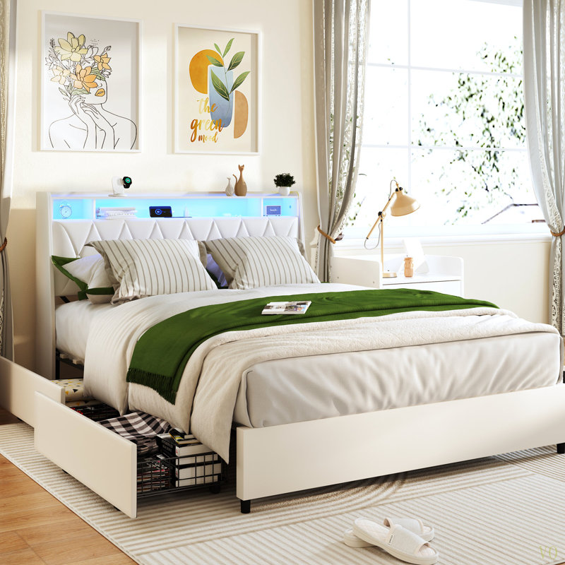 Cadre de grand lit, tête de lit ergonomique en métal blanc, cadre de rangement intégré en métal avec fonction de bruit et pour la chambre à coucher