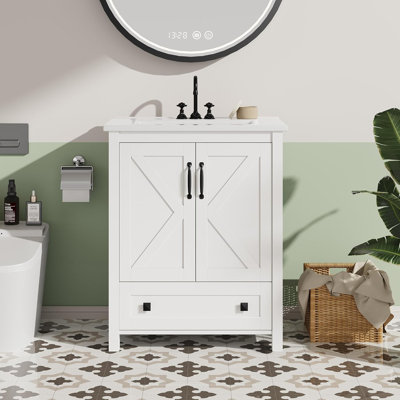 24" Bathroom Vanity with Ceramic Sink, Modern Freestanding Vanity Cabinet with 2 Doors & Drawer, Wood Storage for Small Bathroom, White