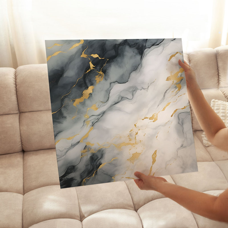 Abstrait, art géométrique en marbre gris et doré, H 28 po x l 28 po