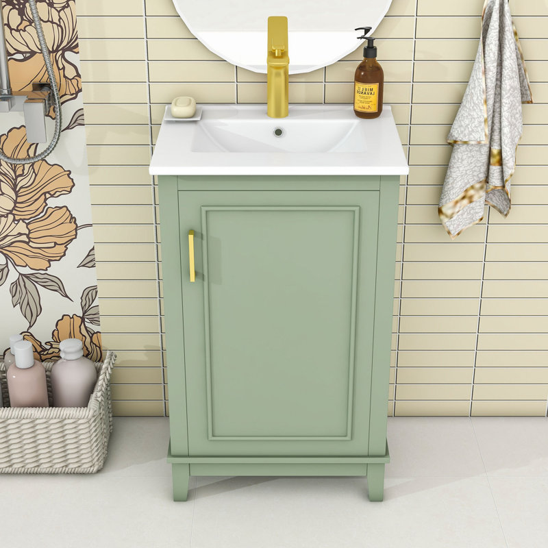 Meuble-lavabo simple autoportant en bois Marsallo avec lavabo en céramique et porte à fermeture en douceur, Vert