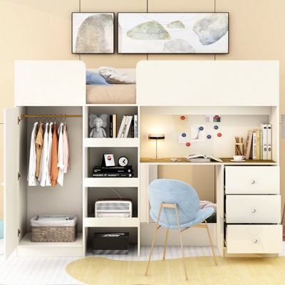 Lit en bois beige avec mezzanine, garde-robe, bureau et rangement - Loft d'apparence élégante encastré
