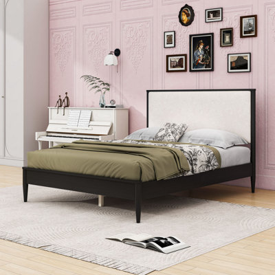 Wooden Platform Bed with Upholstered Headboard, Tapered Legs and Underbed Clearance