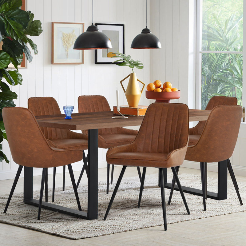 Covello 6-Person Dining Set with Faux Leather Upholstered Chairs and Rectangular Table, Walnut, Brown