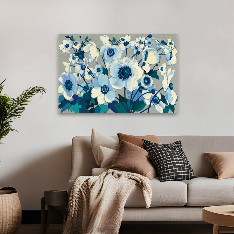 Anémones japonaises I contemporain bleu floral gris anémone verte, H 48 po x l 32 po