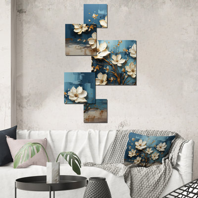 Orchidée bleue et blanche jardin de branches V - ensemble d'art mural abstrait floral carré de 5